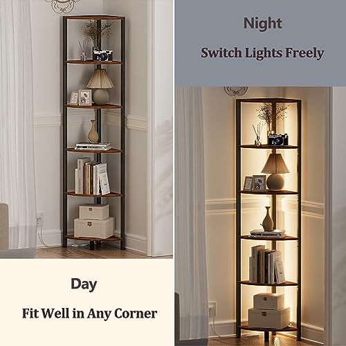 Furnulem 6 Tier Corner Shelf with LED Light, 67.5” Tall Standing Shelf Organizer, Narrow Bookshelf with Storage Rack for Wall Corner, Living Room, Bedroom, Metal Frame, Wood Display Shelf - color: Rustic Brown