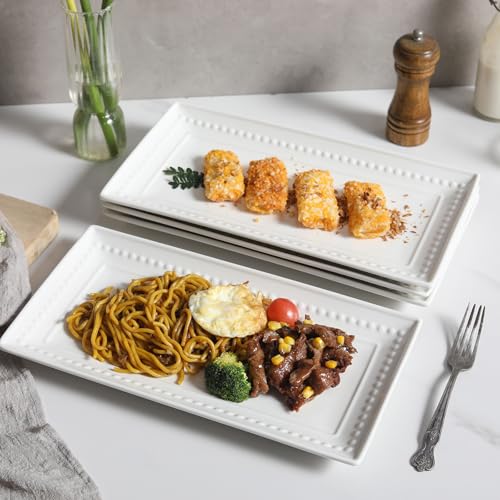 14 inch Ceramic Serving Platter - Rectangular Serving Trays Set of 4, Large Embossed Plates, Porcelain White Platters for Steak, Appetizer, Dessert, Tacos, Housewarming, Oven Dishwasher Safe