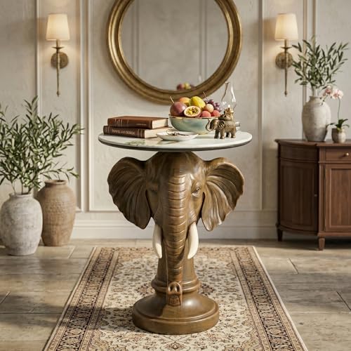Elephant Sculptural Side Table, 19.69" W x 25.98" H Faux Marble Top, Resin Animal End Table, Unique Accent Table for Living Room, Gift for Housewarming - color: Yellow Elephant Head Statue