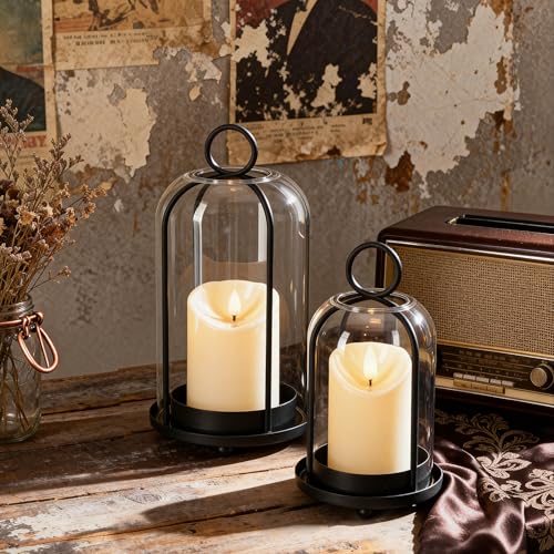Glass Hurricane Candle Holder Decorative Gold Candle Lantern, Pillar Candlestick Holders Set of 2, Hanging Metal Holder Modern Table Centerpieces, Black - color: Black