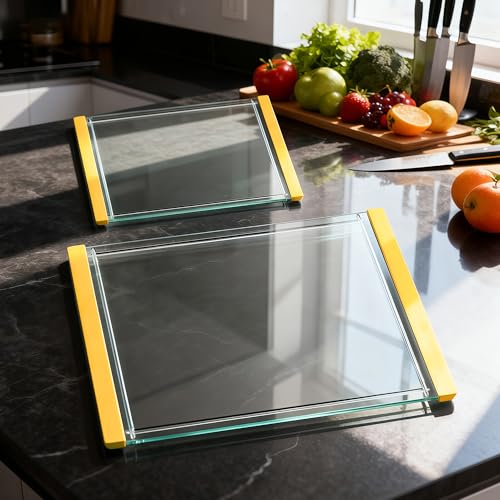 Tempered Glass Cutting Board Set for Kitchen Counter - Dishwasher Safe with Juice Grooves, Non-Slip Silicone Edges & Beveled Grip - 16"x12" & 12"x8" Serving Tray (Yellow) - color: Yellow
