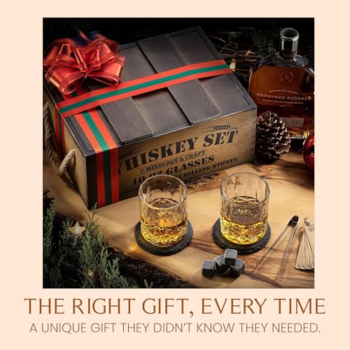Mixology & Craft Whiskey Gift Set, Whiskey Glass Set with Rustic Wooden Crate, 8 Granite Whiskey Rocks Chilling Stones, 10oz Glasses, Raffle Gift for Men, Dad, Husband, Boyfriend - Jameson Dark Brown - size: Dark Crate