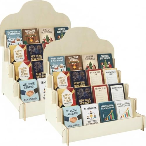 2 Pack 4-Tier Wooden Greeting Card Display Stand, Card Rack for Stickers, Postcards, Photos, Stationery, Small Products, Home Office Decor & Organizer, Lightweight for Vendor Booths, Craft Fairs
