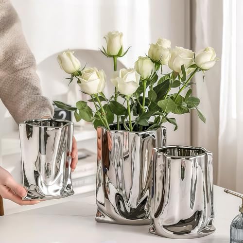 Ceramic Flower Vase, Crinkle Paper Shape, Silver Metal, Decorative Home Accent (Small) - size: Small