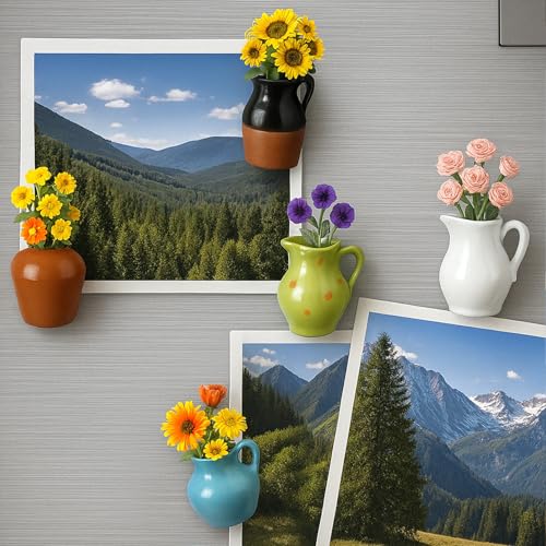 Juome Mini Vase Magnets for Fridge - 6PCS Cute Tiny Ceramic Magnet Vases for Flowers Plant, 3D Mini Magnetic Vases for Refrigerator Kitchen Locker Office Decoration (Include Flower) - color: 6pcs+flower