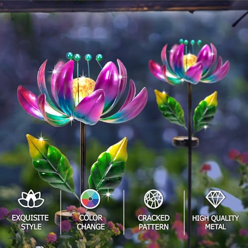 AIINY Solar Purple Metal Flower Wind Spinners, Colorful Spinning Windmill Lotus Yard Art Lights Wind Pinwheels with LED Crystal Ball Decorative Stake Lighting Flower Sculpture - color: Purple