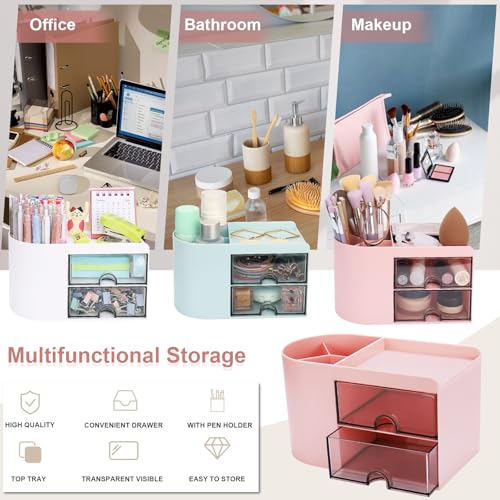 Meiikun Desk Organizer with Drawer, Pen Organizer for Desk, Small Pencil Holder, Desk Organizers and Accessories for Office Home Storage (2 Drawers+4 Compartments, Pink) - color: 4 Compartments + 2 Drawer (Pink)