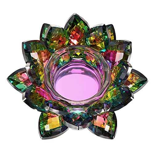 OwnMy Colorful Crystal Lotus Flower Tea Light Holder - Lotus Petals Votive Candle Holder Candle Lamp, Glass Flower Tealight Candle Stand for Table Centerpiece Wedding Decors - color: Colorful