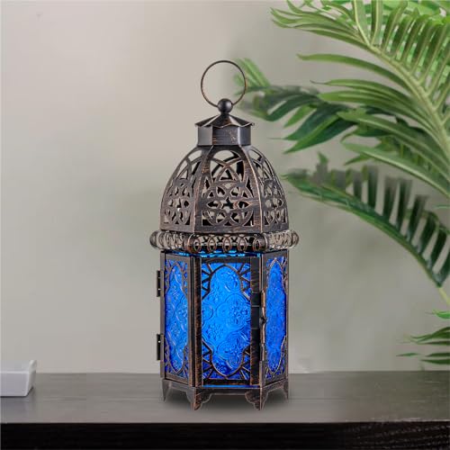 NEEDOMO Hanging Moroccan Lantern, 12.8'' Vintage Candle Holder, Metal Lanterns Decorative Indoor Outdoor, Table, Patio, Porch, Shelf, Gothic Home Decor (Blue, Large Size) - color: Blue, size: Large
