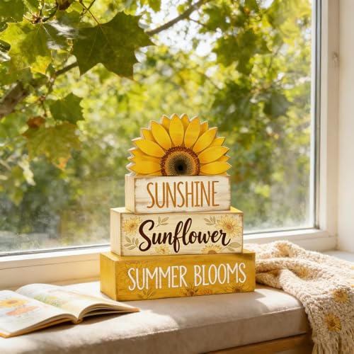 4 Pcs Sunflower Decor Faux Book Stack Blocks Farmhouse Tiered Tray Decor Summer Decorations for Home Kitchen Table Rustic Sunflower Kitchen Decor - style: Sunflower