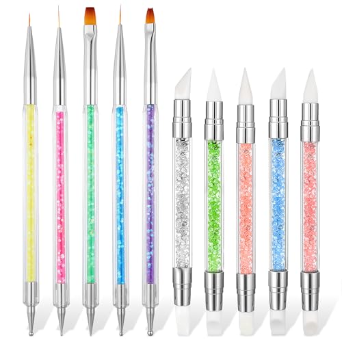 10Pcs Nail Art Brush Set, Nail Art Sculpture Pen Dual Tipped Silicone Nail Tools Acrylic Gel Nail Brush Crystal Handle Liner Brushes Rhinestone Nail Polish Carving Pen Nail Art Tools for Home Salon - color: Multicolor