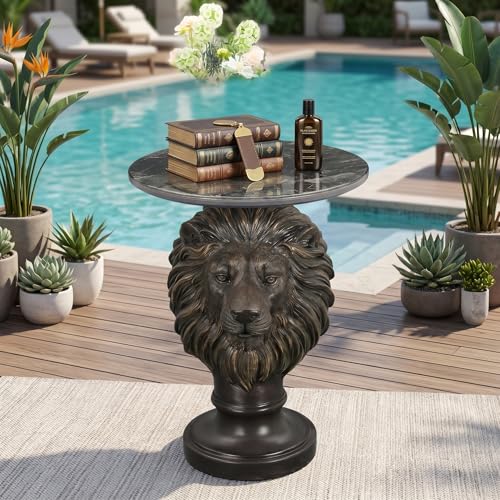 Vintage Bronze Lion Head Sculptural Side Table with Black Faux Marble Top, 19.69" Round Resin End Table, 25.59" H Majestic Accent Table for Living Room, Retro Office Decor, Heavy Duty - color: Black Lion