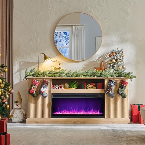 IFGET Fluted Fireplace TV Stand for TVs Up to 80 inch, Modern Entertainment Center with 36" Electric Fireplace, Wood Media Console w/Drawers and Adjustable Shelves for Living Room, Natural - color: Natural