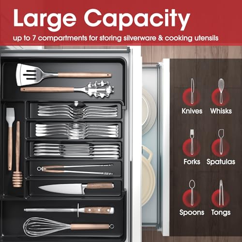 Aujen Silverware Organizer - Expandable Kitchen Drawer Organizer, Adjustable Utensil Organizer, Cutlery Tray for Forks, Knives, Multipurpose Kitchen Organizers and Storage Solution, Black, Large - color: Black, size: Large