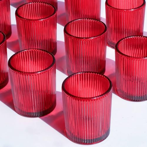 VOHO Red Candle Holders Set of 12, Ribbed Glass Votive Candle Holders Bulk for Holiday/Party Decorations, Tea Lights Candle Holder Wedding Centerpieces for Tables - color: Red