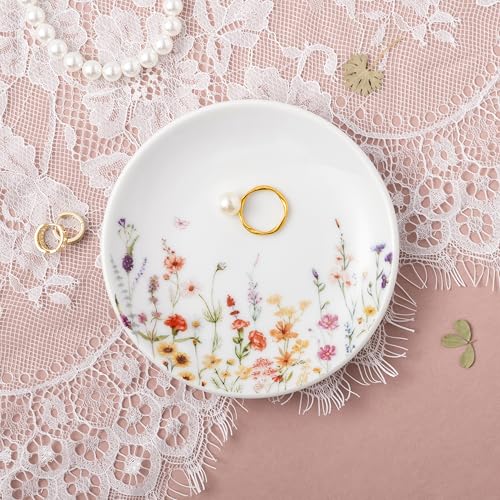 Crisky Flower Trinket Dish Jewelry Tray & Gift Box, Ceramic Ring Dish for Rings Earrings Necklaces Keys, Bridal Shower Engagement Birthday Gift for Women, Friends 4.57" - style: WildFlower Blank