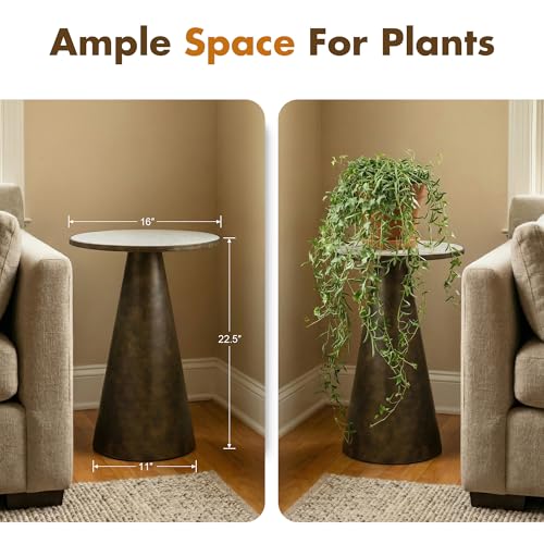 Hyfirm Antique Brass Pedestal End Table with Faux White Marble Top, 16x16x23 Round Drink Table for Living Room, Vintage Industrial Metal Side Stand for Couch & Accent Chairs in Small Spaces