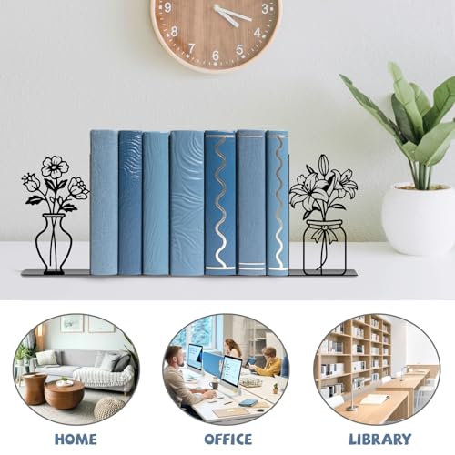 Metal Flower Book Ends Flower Vase Bookends Decorative Book Ends for Shelves Bookshelf Home Office Desk Bookshelf Decor Gift for Reading Enthusiasts - style: Flower Decorative Bookends