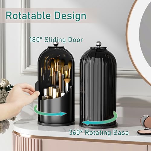 GAXmi Makeup Brush Holder with Lid Cosmetic Tools Organizer 360 Rotating Waterproof Dustproof Beauty Brushes Storage for Vanity, Dark Black - color: Dark Black