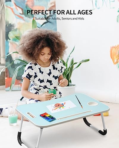 FISYOD Foldable Laptop Table, Portable Lap Desk Bed Table Tray, Laptop Stand with Cup Holder & Tablet Slot & Lifting Handle for Working Writing Drawing & Eating (Blue) - color: Blue