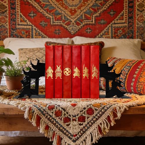 Samurai Decorative Bookends, Matte Black Iron Shelves Book Holders for Heavy Books, Unique Fantasy Book Ends for Home and Office, 7.9 x 1.2 x 5.9 Inches - color: Samurai Bookends