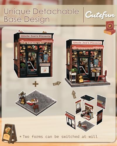 Cutefun Book Nook Kit - DIY Miniature Pizza Shop Booknook Kits for Adults and Teens, 3D Wooden Puzzle Bookend Bookshelf with LED Light, Creative Crafts Gifts for Beginners (Uncle Joe's Pizzeria) - style: Uncle Joe's Pizzeria