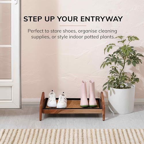 Anji Mountain Heavy Duty Waterproof Wooden Shoe Storage Mat Organizer/Boot Storage Tray Multi Use for Entryway with Coir, Tan Cross Embossed Insert, 1 Tier, Fits 2 Pair (26.5" Wide) - color: Tan Cross Embossed, size: 1 Tier, Fits 2 Pair