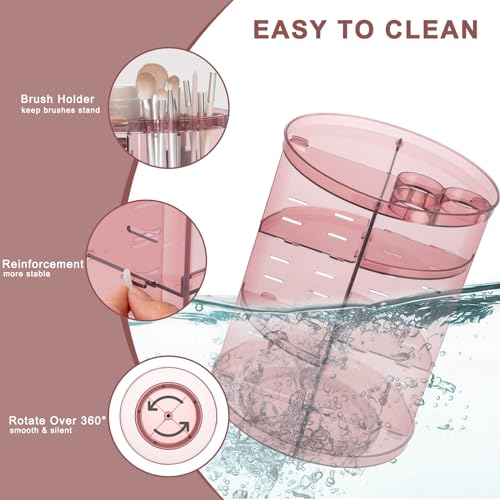 Rotating Makeup Organizer, DIY 8 Adjustable Layers 360 Spinning Skincare Organizers, Makeup Storage Carousel Tower with Brush Holder & Perfume Trays, Cosmetic Display Case for Vanity Bathroom - color: Clear Pink
