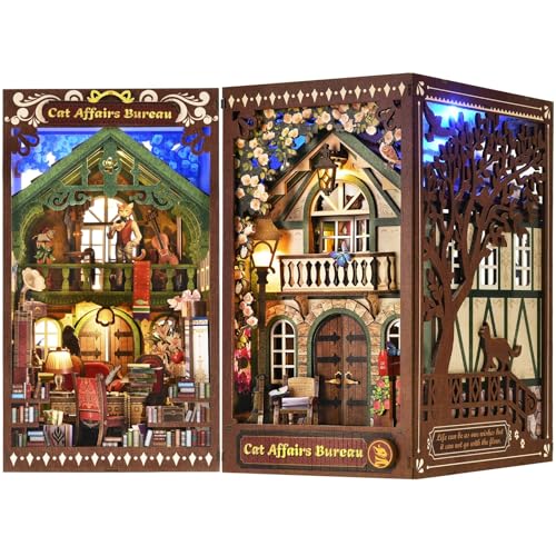 TOYQI Book Nook Kit, DIY Miniature Dollhouse Kit for Adults and Teens, Booknook Tiny House Kit Bookshelf Decoration 3D Wooden Puzzle Bookend - style: Cat Affairs Bureau