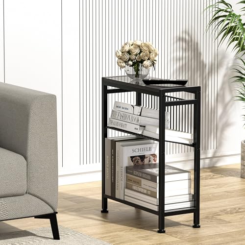 End Table Set of 2 for Small Space, 3-Tier Narrow Side Table with Magazine Holder,Slim Nightstand, Skinny Snack Couch Table in Living Room, Bedroom Study and Balcony (Grey) - color: Grey-2pcs