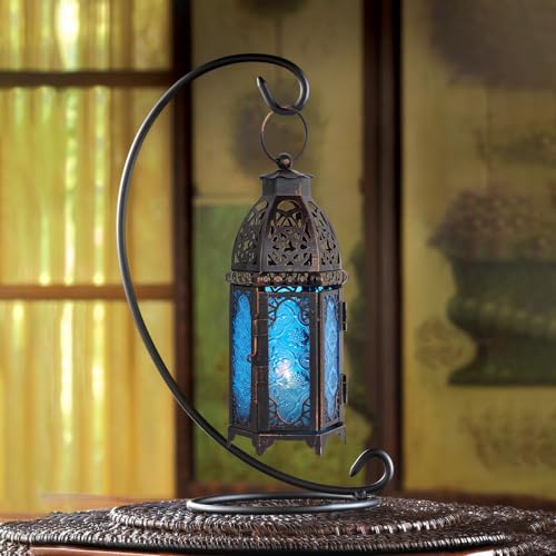 NEEDOMO Hanging Moroccan Lantern, 11'' Vintage Candle Holder, Metal Lanterns Decorative Indoor Outdoor, Table, Patio, Porch, Shelf, Gothic Home Decor (Blue, Medium Size) - color: Blue, size: Medium