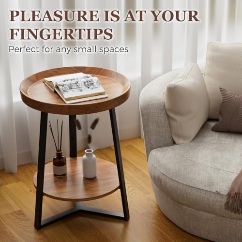 Gadroad Round End Table with Storage Shelf, 2 Tier Farmhouse Side Table Nightstand for Living Room, Bedroom, Wood Tabletop & Black Metal Frame, Brown 15.7 * 15.7 * 23.0inches - color: Brown, style: No Charging Station
