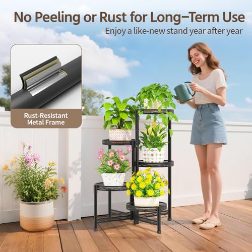 LASZOLA 5 Tiered Folding Tall Plant Stand for Indoor Outdoor Corner, Larger Heavy Duty Metal Adjustable Multiple Rack with 10 Inch Wide Hollow Tray, Flower Planter Holder for Modern House Patio, Black - color: Brushed Black, size: 5 Tier