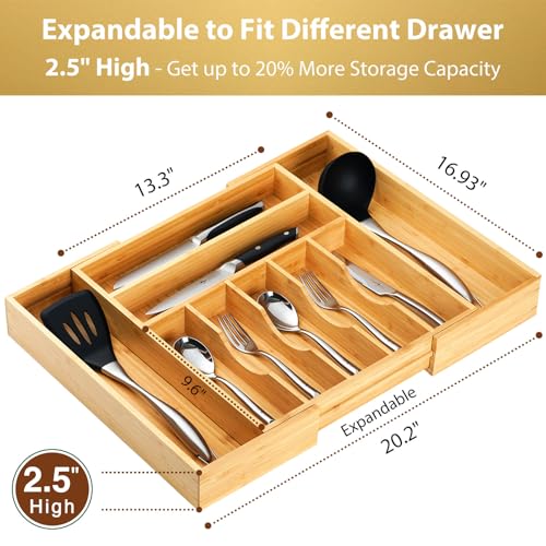 Umilife Large Expandable Kitchen Silverware Utensils Drawer Organizer, 2.5" Extra High Adjustable Drawer Divider with Curved Grooves, Bamboo Wood Cutlery Tray Flatware Holder - style: For Silverware (13"~20" x 17")