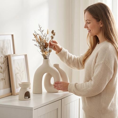 CEMABT Modern Nordic Boho Vase Set - Elegant Beige Matte Ceramic Home Decor for Living Room, Bookshelf, Mantel, Entryway Table & Console Décor | Shelf Decorations Easter Gift - color: Beige-1