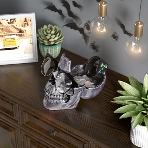 READAEER Skull Glasses Stand Holder, Creative Eyeglasses Holder, Sunglasses Spectacle Display Rack, Key Holder Resin Sculptures for Entryway, Home, Office, Desk, Nightstand (Silver) - color: Silver
