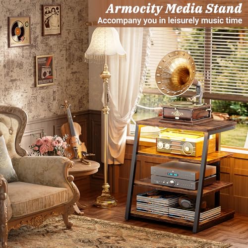 Armocity 4-Tier AV Media Stand with Power Strips, Stereo Stand with LED Lights, Audio Tower Rack with Adjustable Shelves, Small Entertainment Center, 30'', Rustic Brown - color: Rustic Brown, size: 30" (H)