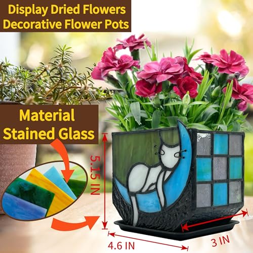 Tiffany Stained Glass Funny Moon Sleeping Cat Planter,Flower Pots for Indoor Plants,Plant Pot with Drainage,Cute Grey Cat Plant Pots,Gifts for Plant Lovers,4.6x3x5.15 in - color: Grey-blue