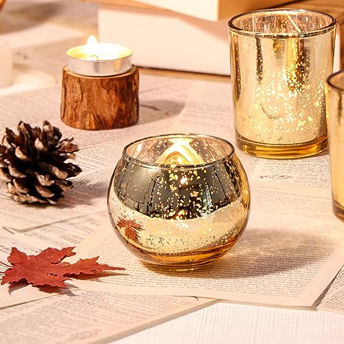 DEVI 48PCS Assorted Gold Votive Candle Holders Bluk, Gold Wedding Decorations, Mercury Glass Candle Holder for Tea Lights, Christmas Party Diwali Centerpieces for Table, Wedding Party Supplies - color: Gold