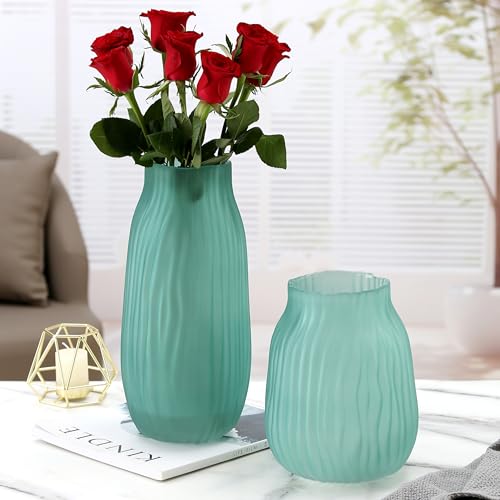 Modern Ribbed Glass Vase 12in Frosted Green Elegant Decorative Vases for Home Flowers Bouquet Arrangements, Centerpieces, Dinner Table,Office Decor - color: Frosted Green, size: H-12.0IN