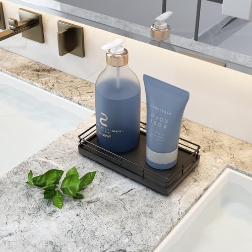 Bathroom Tray for Counter, Oak Wooden 7.5" L Decorative Vanity Tray for Dresser Tops Perfume Jewelry Makeup Candle Soap Sponge Holder for Kitchen Countertop Organizer Coffee Table Decor Bar Black - color: Black, size: 7.5" x 3.9" x 1.5"