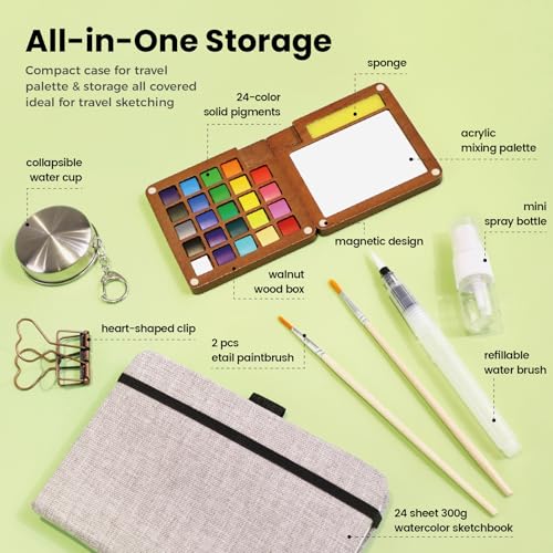 Pagather 24 Colors Mini Watercolor Travel Set, Portable Watercolor Kit with Water Brush, Pocket Size Painting Set for Beginners, Hobbyists & Artists