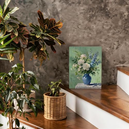 RTVJTERQ Ready to Hang Canvas Wall Art 8x10, Mixed Flowers in Blue Vase Oil Painting, Elegant Botanical Decor for Living Room Bedroom Dining Room