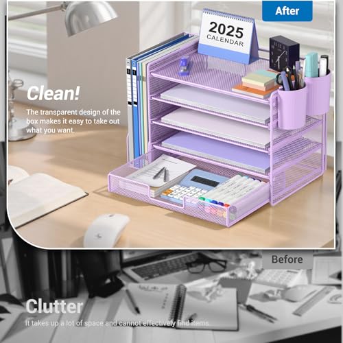 OPNICE Desk Organizer, 5-Tier Paper File Organizer with Drawer & Pen Holder, Office Desk Accessories, Workspace Desktop Organizer for Office Supplies(Purple) - color: Purple, size: 5-Tier