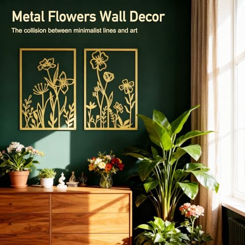 Sokurdeg Gold Metal Flowers Wall Decor, Minimalist Floral Metal Wall Hanging Art for Bedroom Bathroom Living Room (4 Pcs, 12 x 17 in) - color: Gold, size: 12 x 17 in