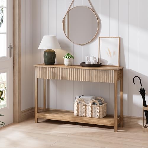 Treocho 47" Console Table with Drawers, Fluted Narrow Entryway Table with Open Shelf, Farmhouse Sofa Table Behind Couch for Hallway, Living Room, Brown - color: Brown