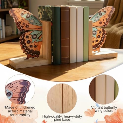 Decorative Butterfly Bookends Wooden Acrylic Butterflys Bookend Modern Bookshelf Decor Accent Book Stopper Decor for Home Farmhouse Shelves Office Lover Gift(Junonia Almana Butterfly) - style: Junonia Almana Butterfly