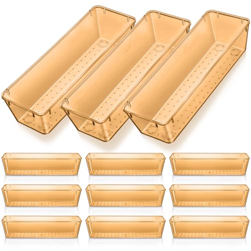 Maitys 12 Pcs Clear Drawer Organizer 9 x 3 x 2 Inches Plastic Rectangle Trays Makeup Vanity Storage Bins and Kitchen Drawers Dividers for Office Desk Silverware Kitchen Utensils(Champagne) - color: Champagne, size: 9 x 3 x 2 Inches