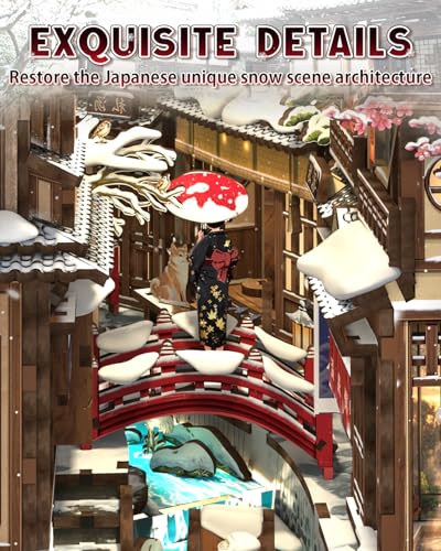 Cutefun DIY Book Nook Kit Kyoto Snow Whisper – Japanese Snow Scene 3D Wooden Puzzle Miniature Dollhouse Kit with LED Light, Bookshelf Insert Decor, Creative Gift for Adults, Teens & Book Lovers - style: Kyoto Snow Whisper