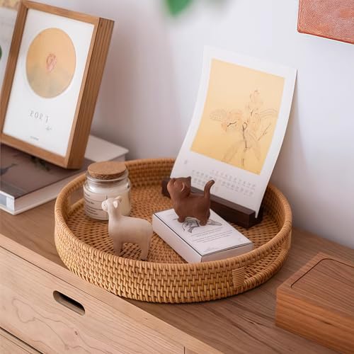 11.8" Round Rattan Tray, Hand Woven Serving Tray with Handles, Wicker Serving Basket, Decorative Tray for Home Decor, Natural - color: Natural, size: 11.8"